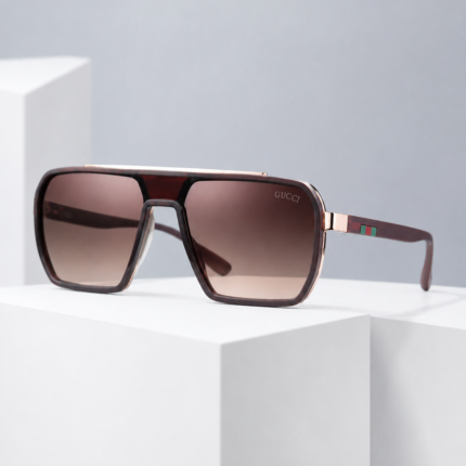 Gucci Oversized Navigator Brown Gradient Sunglasses with Gold Brow Bar
