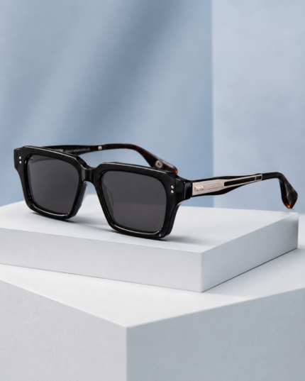 Moscot Thick Acetate Black Square Sunglasses with Gold Temple Inlay