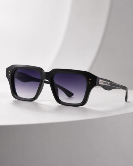 Moscot Matte Black Square Gradient Sunglasses with Metallic Temple Accent
