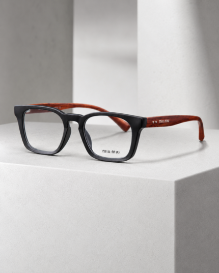 Miu Miu Matte Black Square Eyeglasses Frame with Wooden Texture Temples