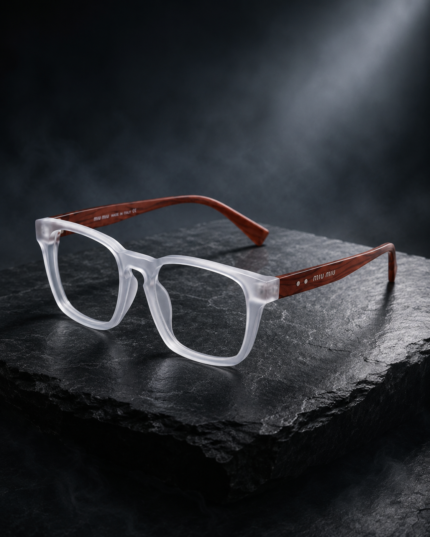 Miu Miu Frosted Crystal Square Eyeglasses Frame with Wooden Texture Temples