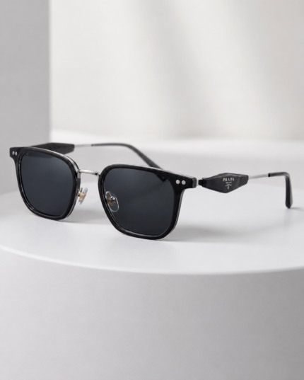 Prada Milano Black Square Sunglasses with Silver Bridge & Triangle Logo
