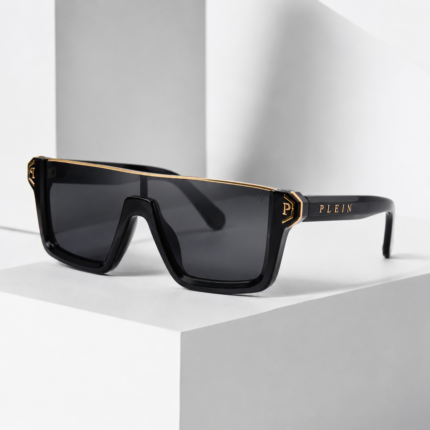 Philipp Plein Glossy Black Oversized Flat-Top Shield Sunglasses with Gold Accents